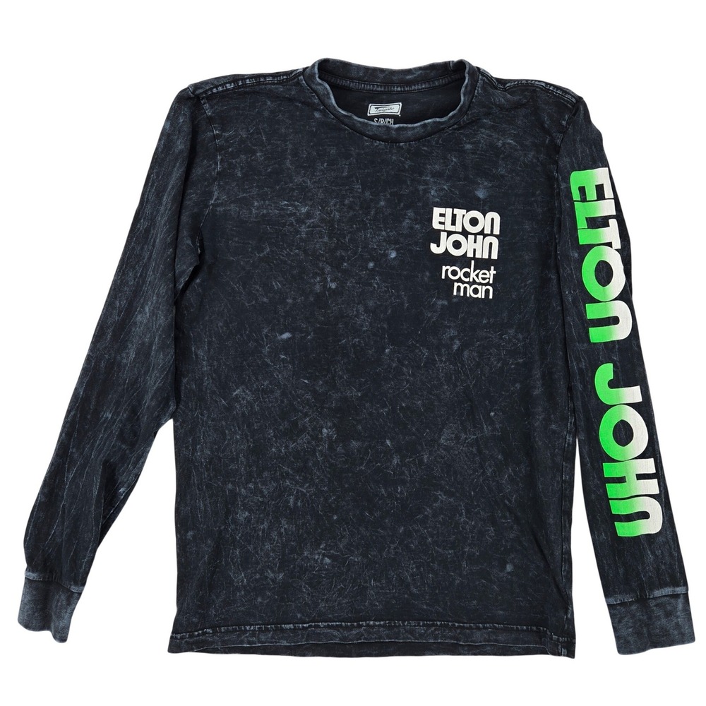 Elton John Rocket Man Small Long Sleeve Tee Mens Mineral Wash Black